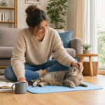 Friska, femme caressant son chat allonge sur le tapis rafraichissant bleu, ambiance salon