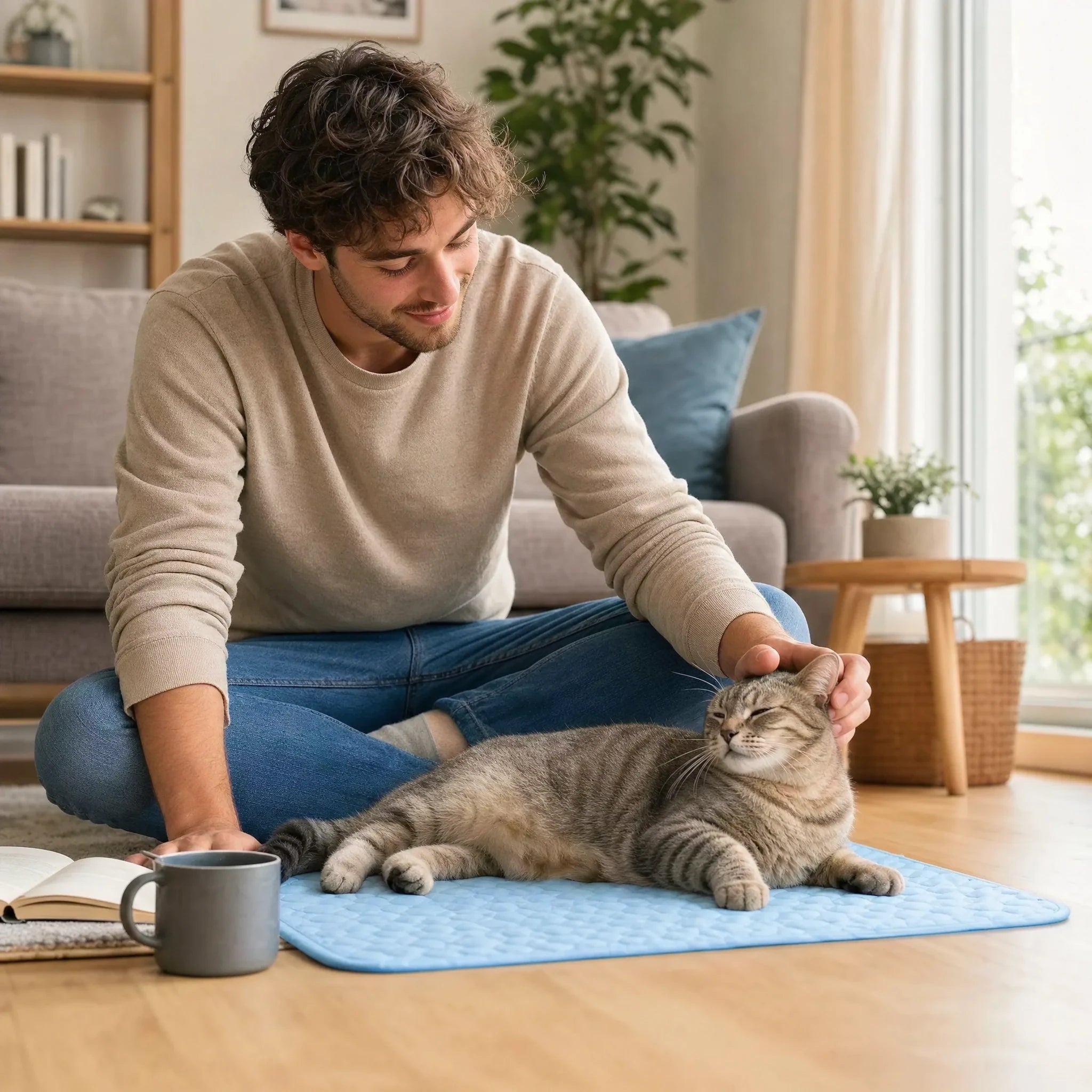 Friska, chat allonge sur le tapis rafraichissant bleu, ambiance salon