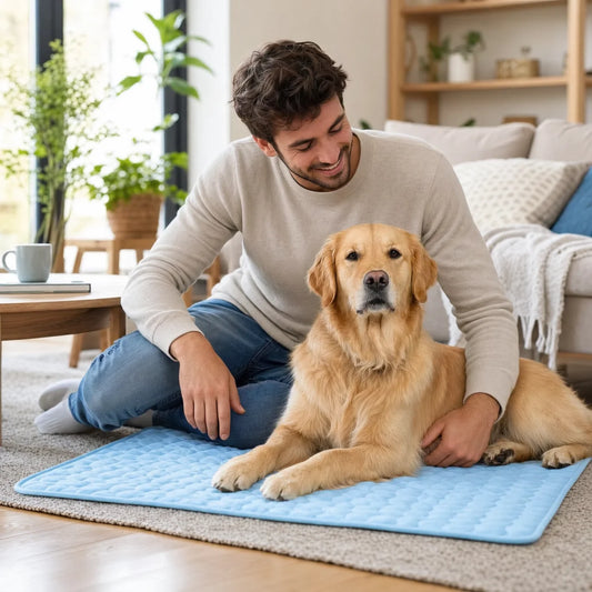 Friska, chien allonge sur le tapis rafraichissant bleu, ambiance salon